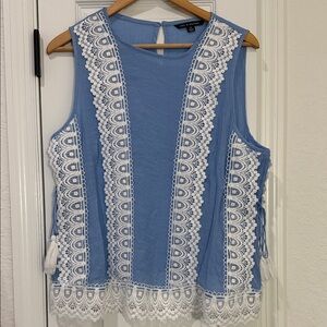Pastel Blue Sleeveless Top with White Lace Detail